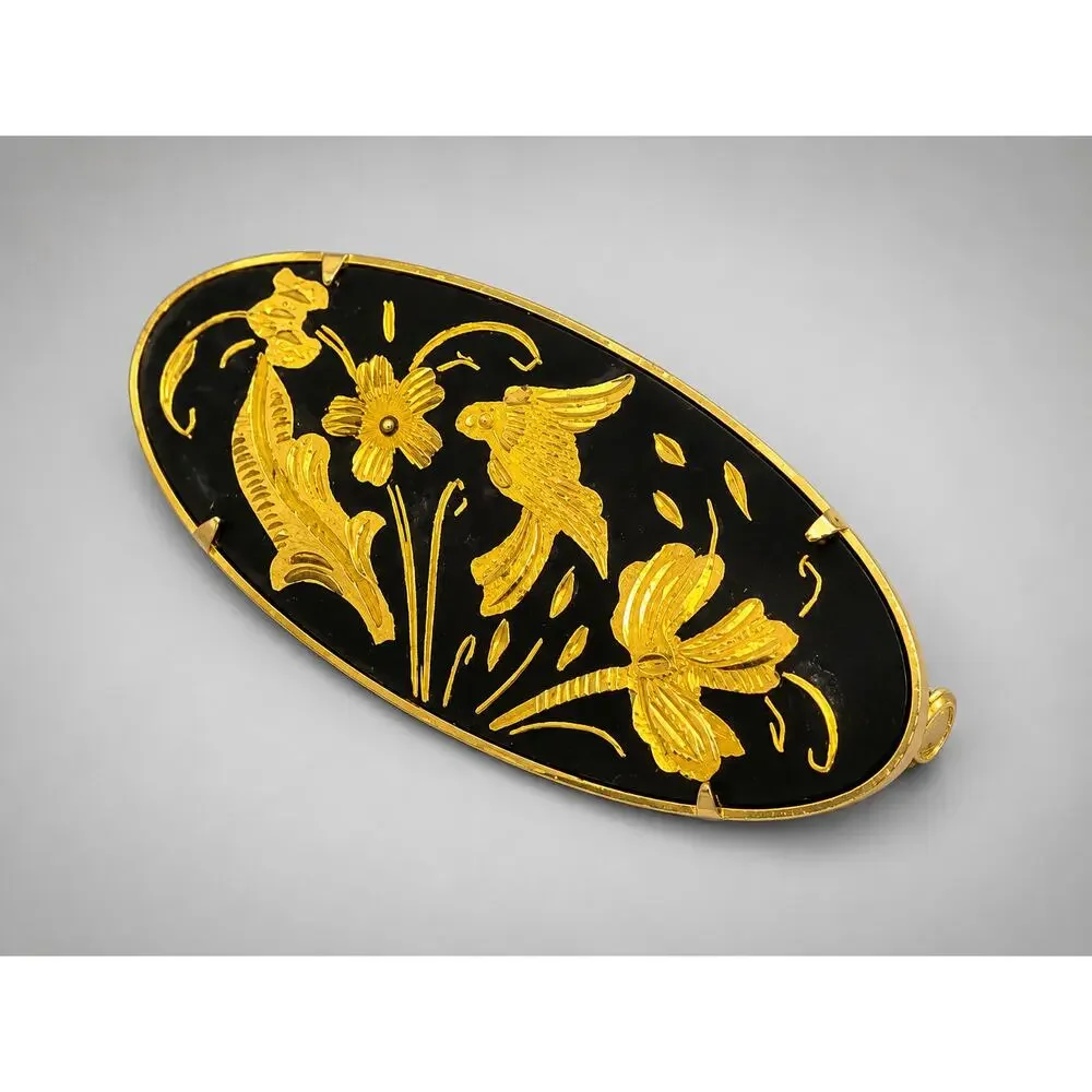 Vintage‎ Bird & Flowers Damascene Brooch Pin 1.75